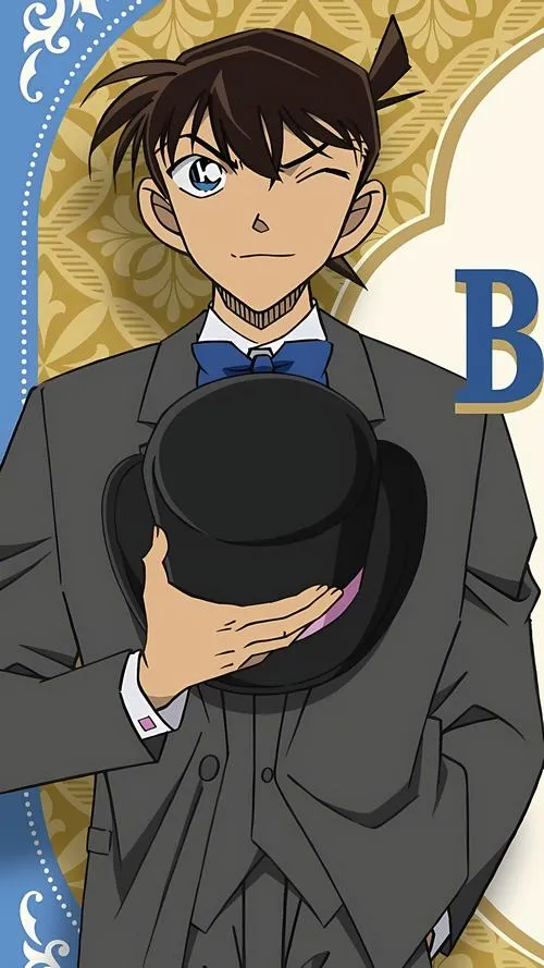 Hình anime Shinichi kỷ niệm sinh nhật, nền xanh sáng, hai phiên bản lớn nhỏ, đáng yêu mà thông minh.