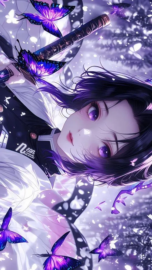 Lưu lại Shinobu nằm nghiêng giữa bươm bướm, tông tím trắng dịu nhưng có chút lạnh