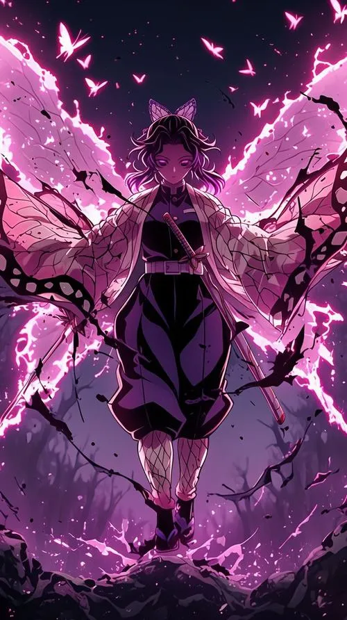 Lưu ngay bóng dáng Shinobu dang tay giữa đôi cánh tím, cảm giác như đang lướt gió