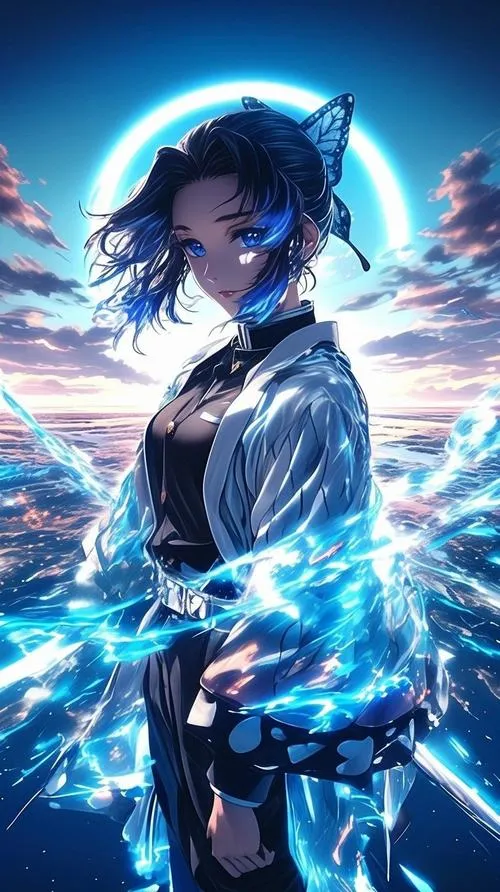 Shinobu với vòng sáng xanh sau lưng, khí chất lạnh nhẹ nổi bật trên nền tối