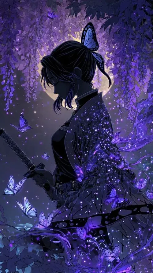 Chọn làm nền Shinobu ngồi lặng trong mưa tím, bố cục tối giản mà vẫn rất có hồn