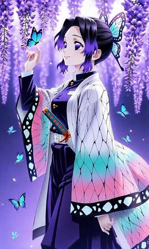 Ảnh Shinobu đứng dưới giàn Tử Đằng, haori cánh bướm hòa cùng sắc tím dịu mắt