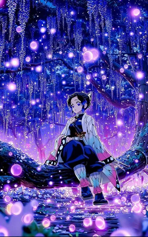 Hình Shinobu Kocho ngồi giữa bầu trời sao tím lấp lánh, vibe dịu mắt mà vẫn lạnh nhẹ