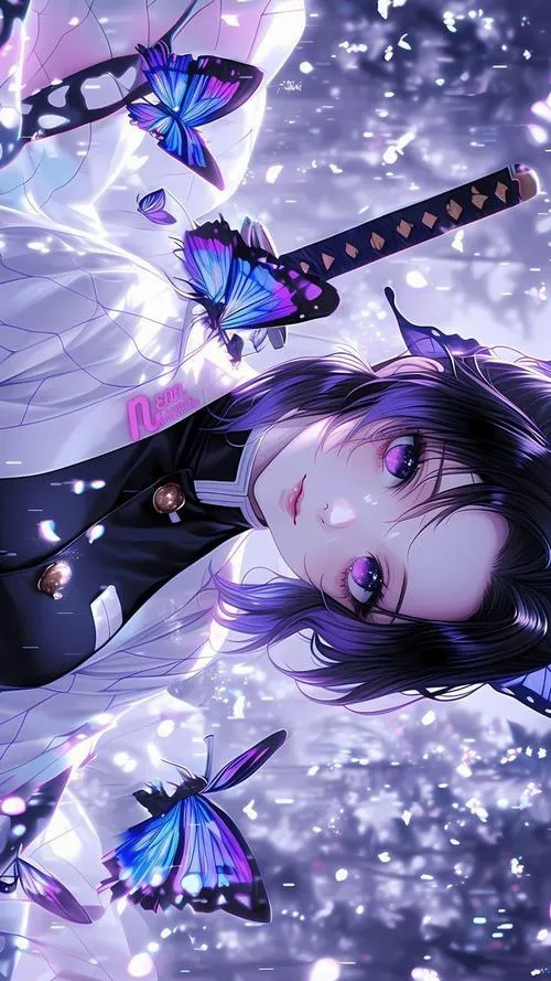 Tải ảnh Shinobu nằm cạnh thanh Nichirin, bươm bướm bay quanh tạo mood mát và sắc