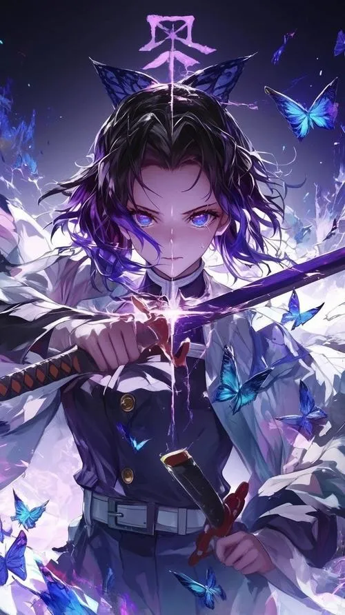 Lưu ngay Shinobu cầm kiếm giữa ánh tím, chi tiết haori bướm nổi bật cực rõ nét
