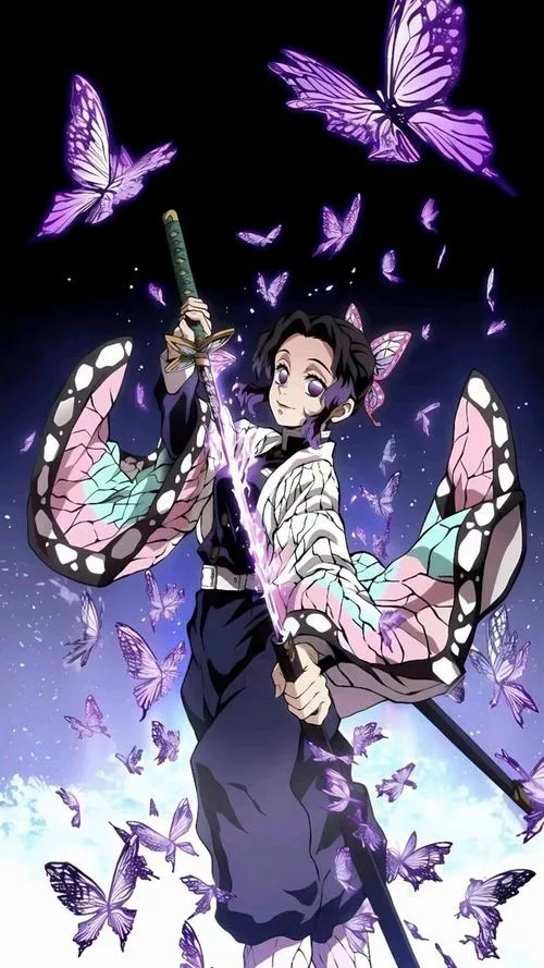 Tải ngay Shinobu đứng giữa đàn bươm bướm, nụ cười bình thản khiến ảnh có chiều sâu