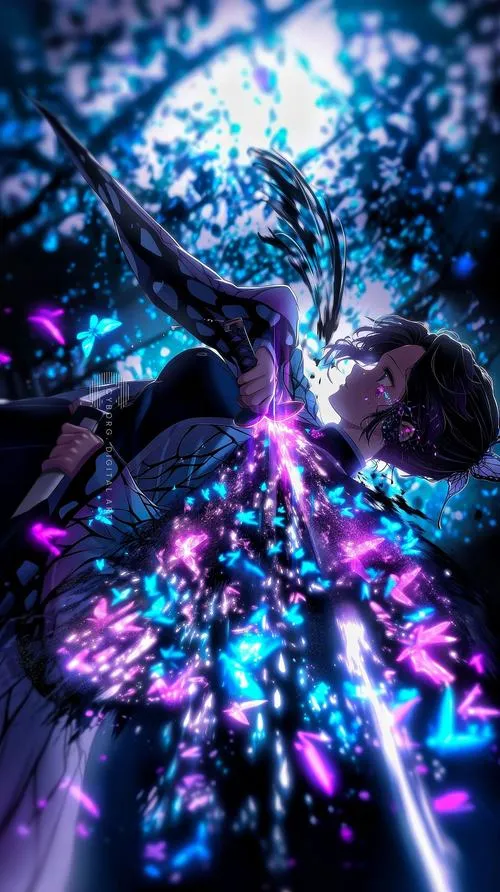 Shinobu trong rừng phát sáng xanh tím, hiệu ứng ánh sáng làm khung hình rất mộng