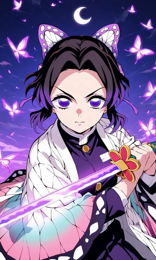 Hình Shinobu phong cách chibi cầm Nichirin, màu tím pastel nhìn dễ thương mà vẫn chất