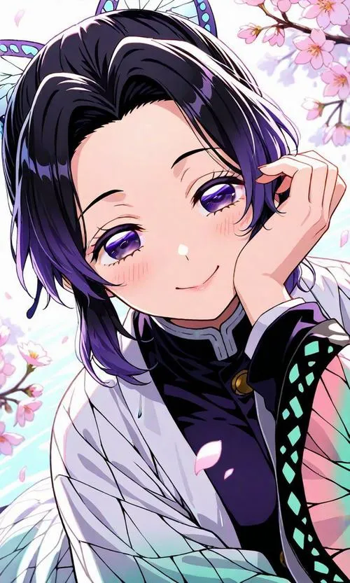 Ảnh Shinobu cận mặt tông tím trắng, kẹp tóc bướm nhỏ tạo cảm giác mềm nhưng sắc