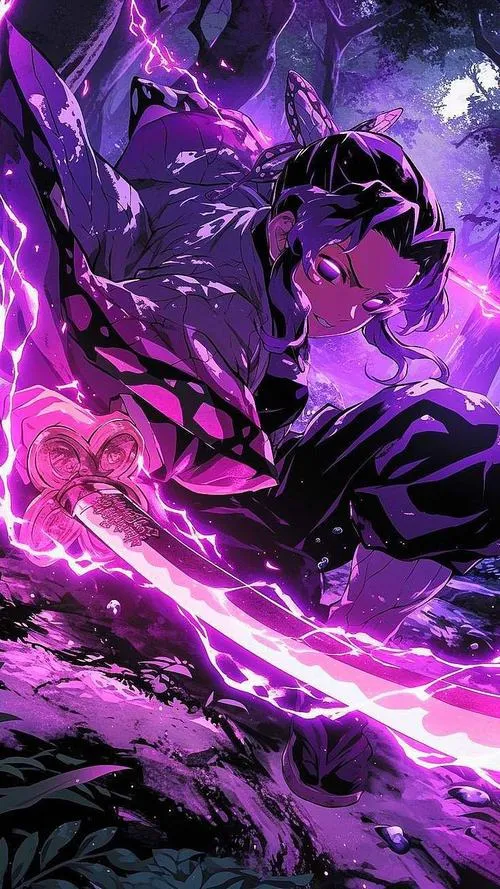 Ảnh Shinobu Kocho lao qua vệt chém tím, thanh Nichirin mảnh tạo cảm giác nhanh gọn sắc