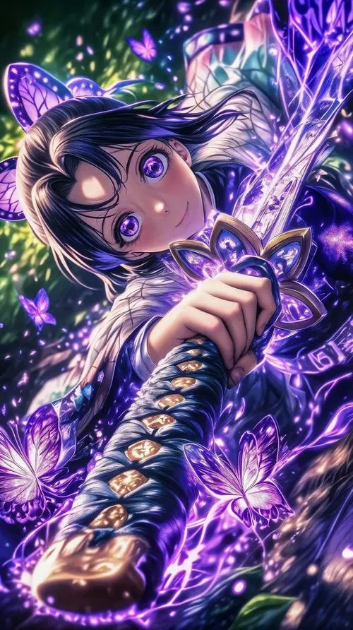 Tải ngay cận cảnh Shinobu với bươm bướm tím quanh vai, ánh mắt bình thản đầy ẩn ý