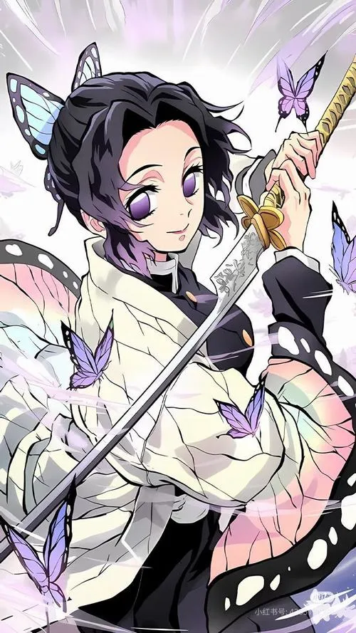 Chọn làm nền Shinobu cầm kiếm trước nền sáng, kẹp tóc bướm nổi bật tông tím trắng