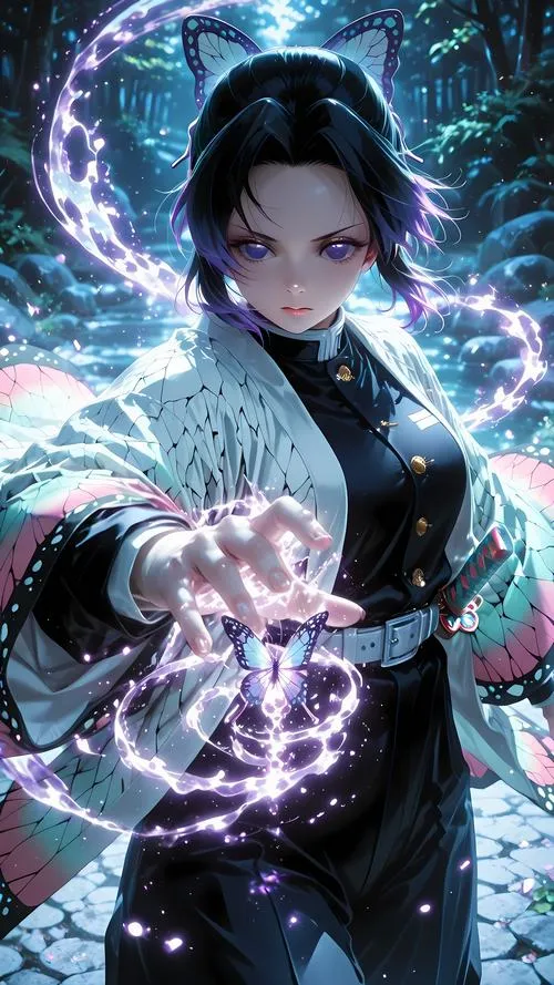 Ảnh Shinobu tung năng lượng xanh tím quanh tay, thần thái nhẹ mà nguy hiểm rõ rệt