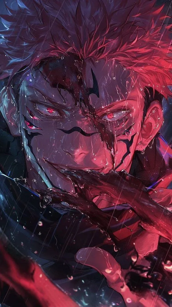 Hình Sukuna tông đỏ đen dày, ánh mắt đâm thẳng, cảm giác như sắp chém nát không gian