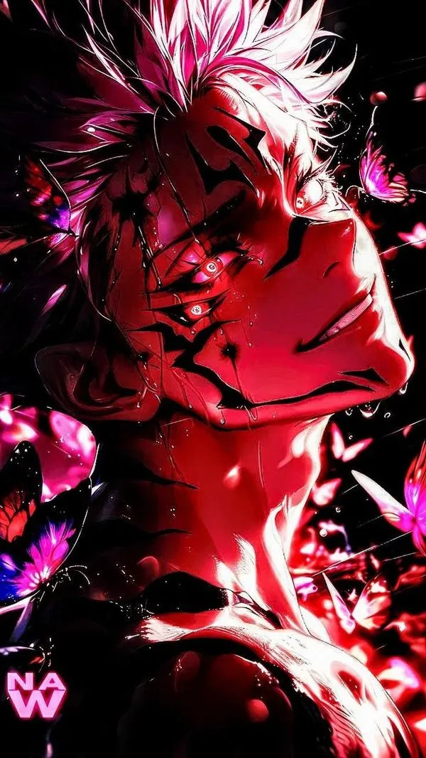 Ảnh fanart Sukuna cận mặt đỏ rực, nụ cười gằn và vằn xăm nổi bật trên má