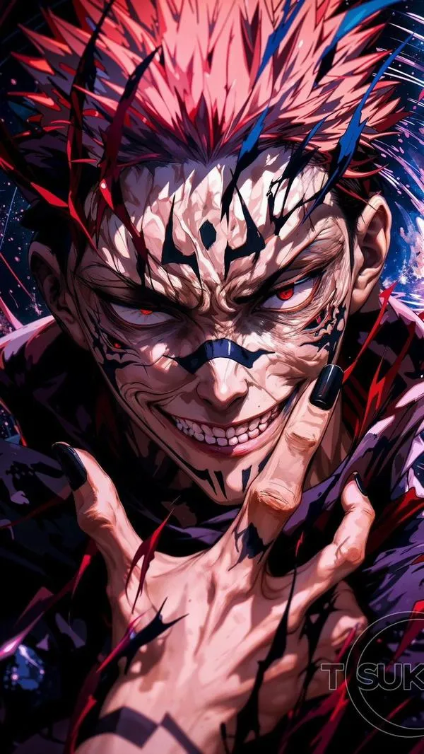 Hình nền Sukuna nhìn thẳng đầy khiêu khích, bàn tay giơ lên như chuẩn bị tung Giải và Bát