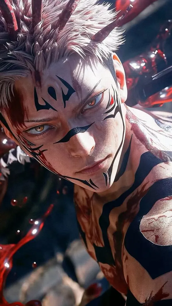 Ảnh Sukuna tông xám lạnh, ánh nhìn lệch đầy tính toán, vệt sáng sau lưng tạo chiều sâu