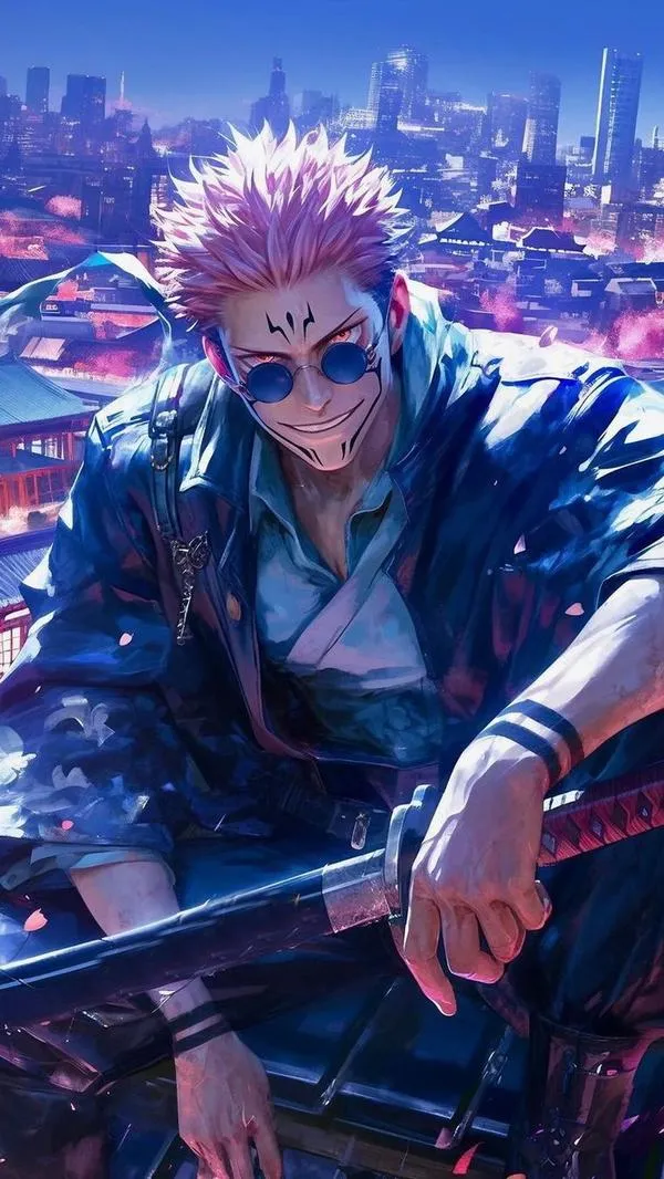 Hình Sukuna ngồi giữa phố đêm, khí chất áp đảo, nền xanh tím làm vằn xăm càng nổi