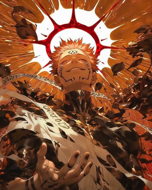 Ảnh Sukuna bị bao quanh bởi vòng biểu tượng đỏ, cảm giác lãnh địa mở ra và nuốt trọn không gian