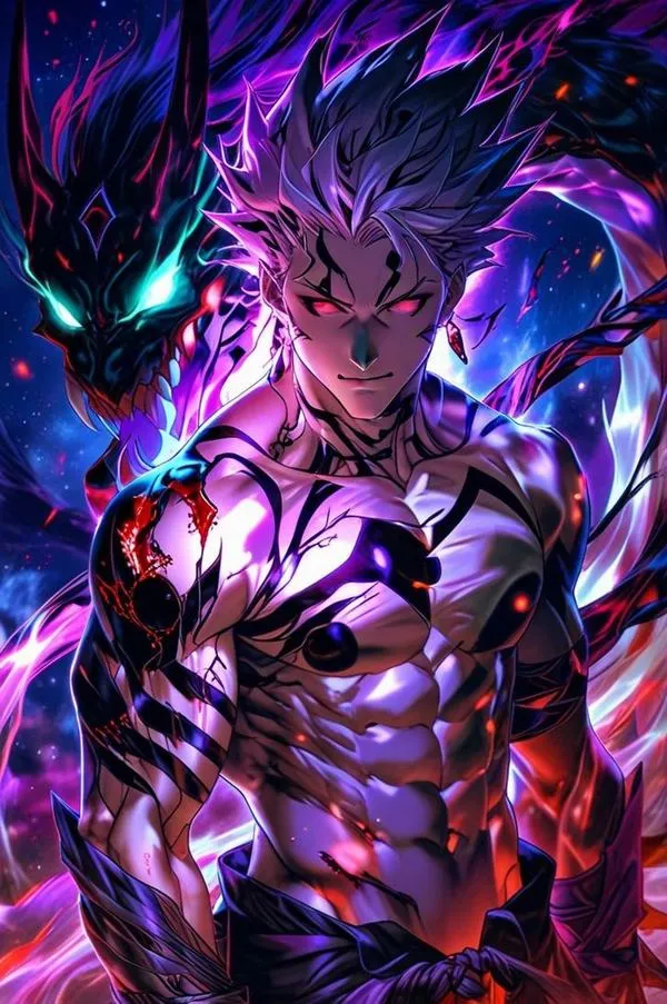 Hình nền HD Sukuna trong giáp tím, hiệu ứng sáng dày, thần thái vừa đẹp vừa rợn người