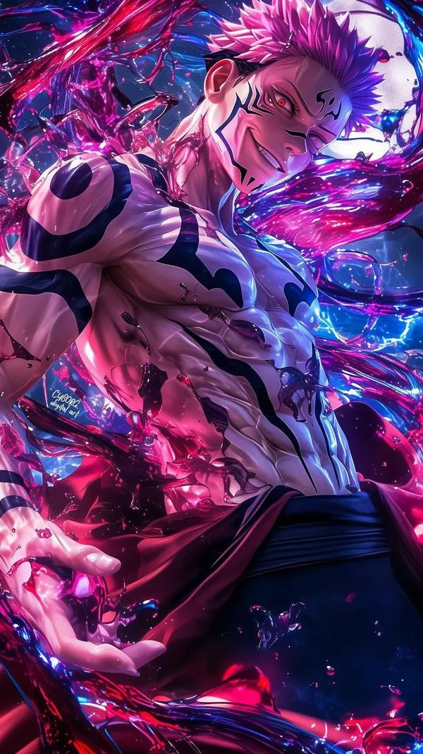 Hình nền Sukuna Ryomen ngầu với chú lực tím bùng nổ, vằn xăm đen nổi rõ trên da