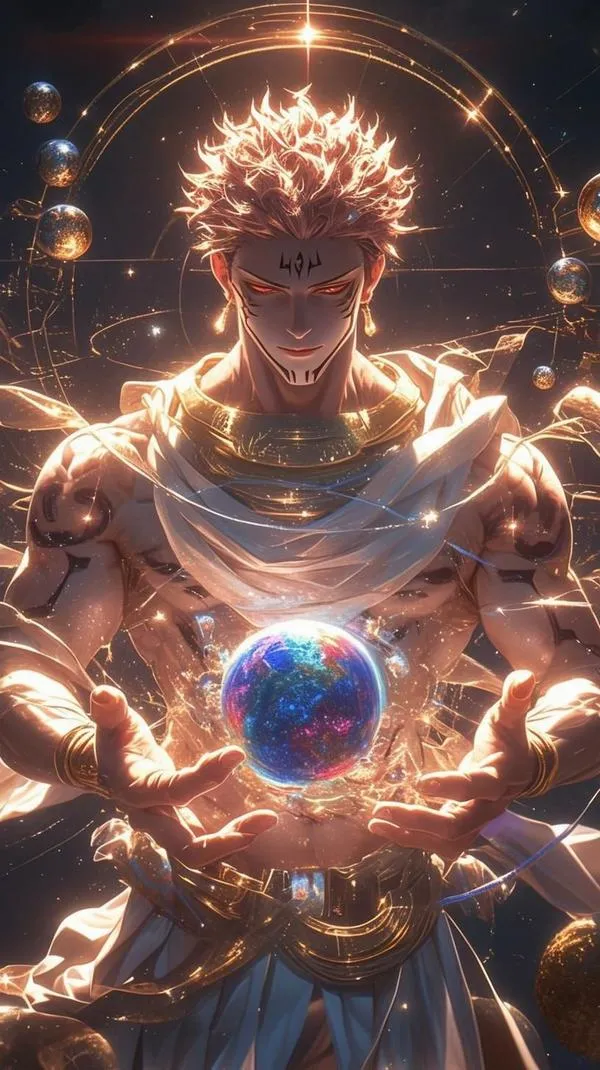 Ảnh Sukuna tay nâng luồng năng lượng như cầu sáng, nền vàng cháy tạo cảm giác hủy diệt