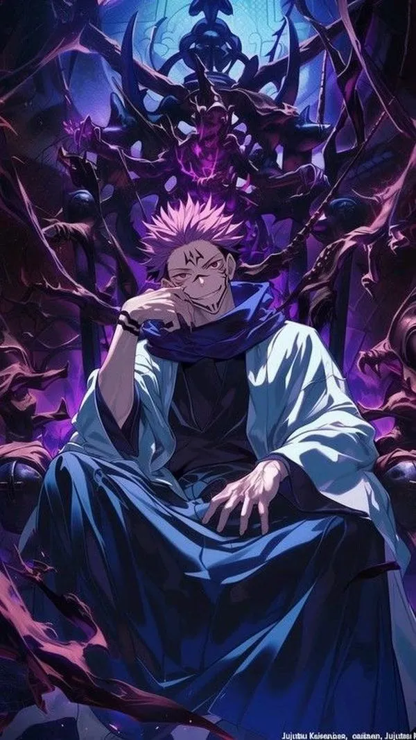 Hình nền điện thoại Sukuna ngồi trầm tĩnh, tông tím tối, ánh mắt lạnh như không hề sợ hãi