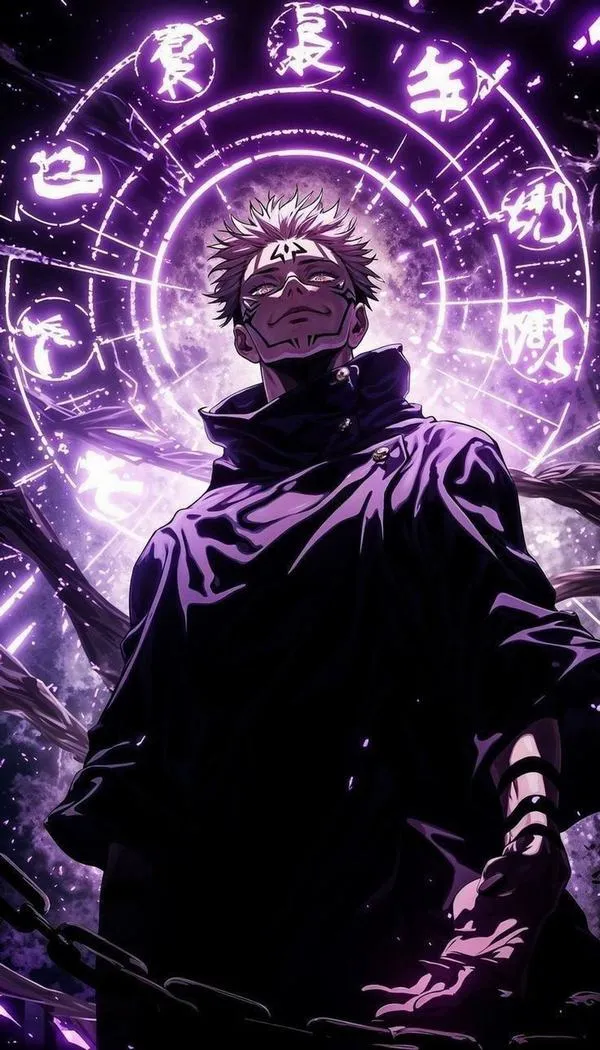 Ảnh bìa Sukuna dưới vòng chú ấn tím, dáng đứng thẳng, cảm giác áp lực đè nặng toàn khung