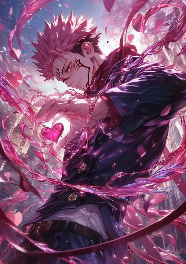 Hình Sukuna giữa cánh hoa tím bay, ánh nhìn sắc và vằn xăm đen tạo chất quỷ dị cuốn hút