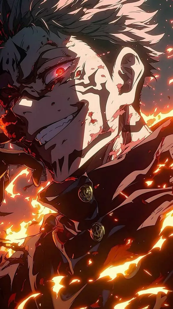 Ảnh Sukuna nửa mặt trong bóng tối, đường vằn đen chạy dọc, nền lửa làm nổi sát khí