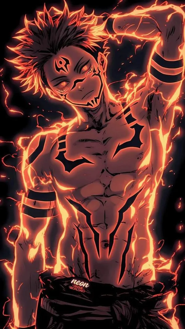Hình nền anime Sukuna tắm trong lửa, cơ bắp rõ nét, cảm giác như Kamino sắp bùng nổ