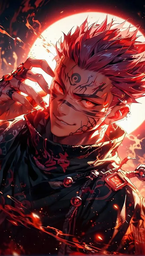 Ảnh Sukuna ánh đỏ quét ngang, nụ cười mỉa và khí chất Nguyền Vương nổi bật cực gắt