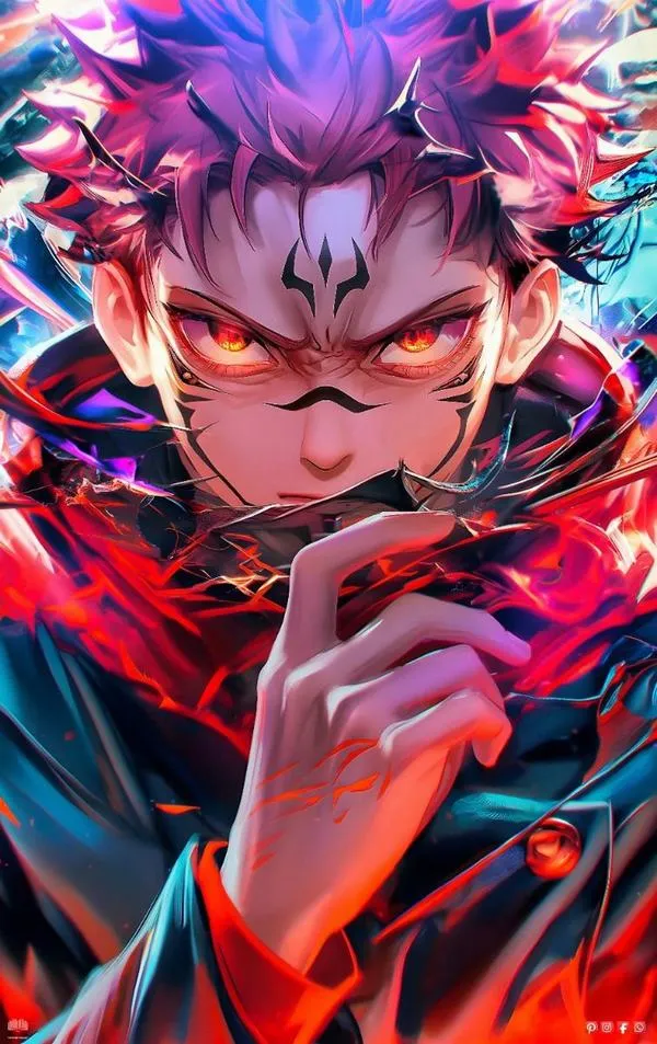 Hình nền mobile Sukuna tông xanh đỏ, ánh nhìn dữ dội, tay nâng như chuẩn bị chém cắt liên hồi