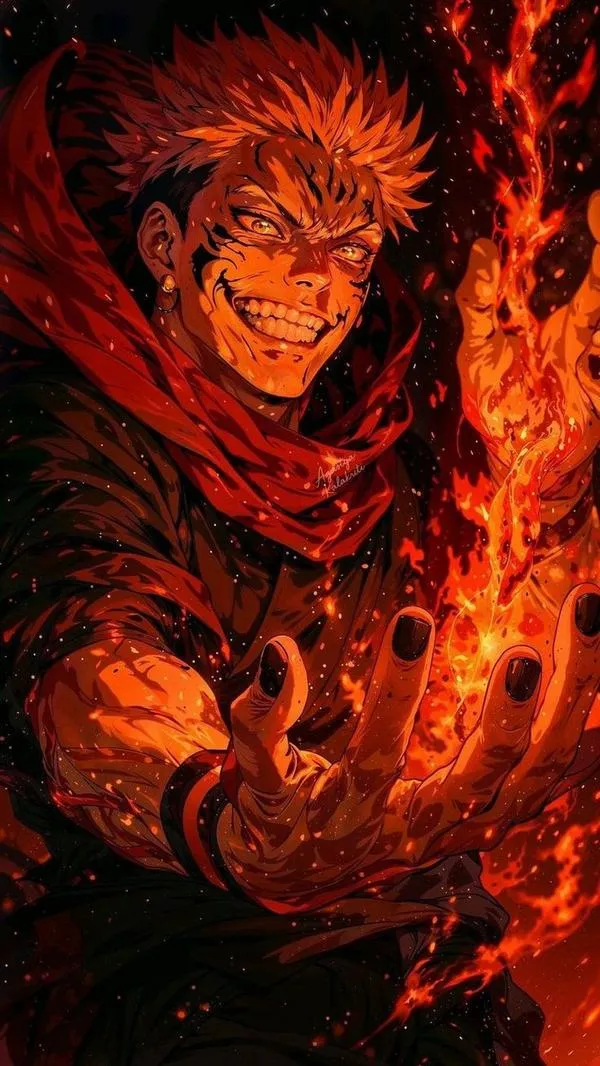 Ảnh fanart Sukuna trong biển lửa đen, bóng đổ sâu, cảm giác thảm họa đi bộ rất rõ