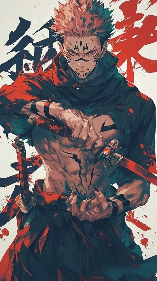 Hình Sukuna phong cách thư pháp, dáng đứng cứng cáp, vằn xăm đậm và khí chất lạnh lùng