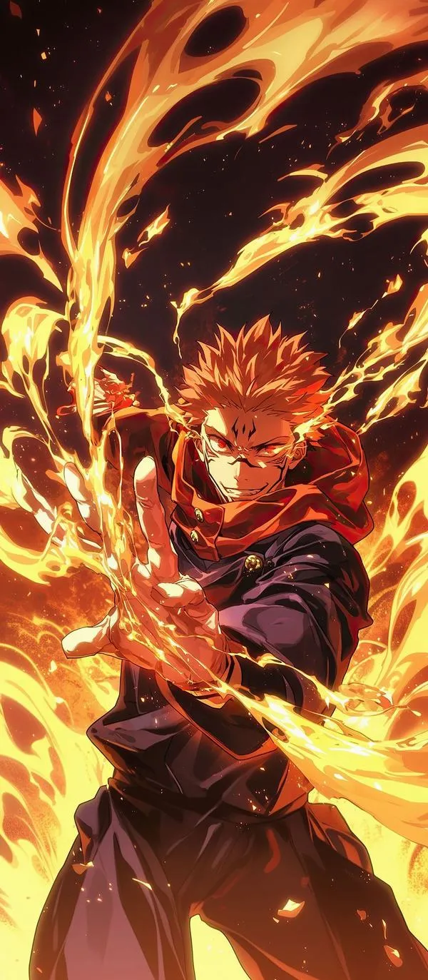 Ảnh fanart Sukuna giữa lửa cháy rực, thân hình cơ bắp và ánh nhìn sát khí lạnh ngắt