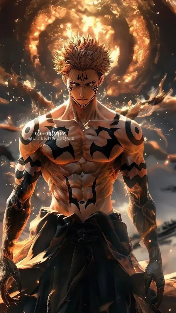 Ảnh Sukuna cơ thể trần tông vàng đen, ánh sáng viền mạnh làm nổi từng đường vằn xăm