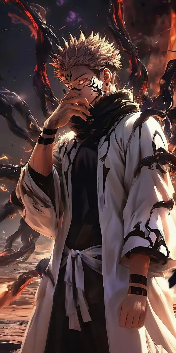 Ảnh Sukuna kích hoạt Ngự Trù Tử, không khí như bị cắt mỏng, vệt chém dày đặc quanh người