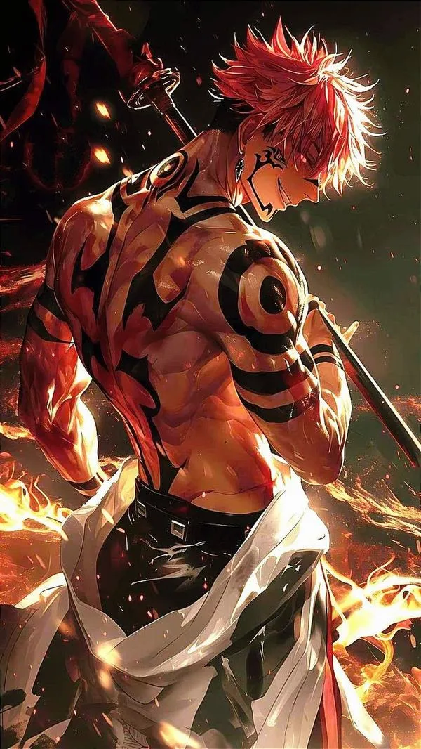 Hình Sukuna thời Heian tông cam đỏ, vệt chém lóe sáng quanh bốn tay đầy áp lực