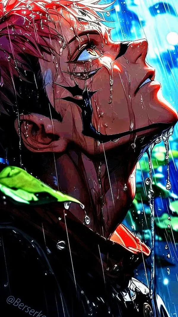 Ảnh cận mặt Sukuna dưới ánh xanh đỏ, bốn mắt sắc lẹm và nụ cười đầy thách thức