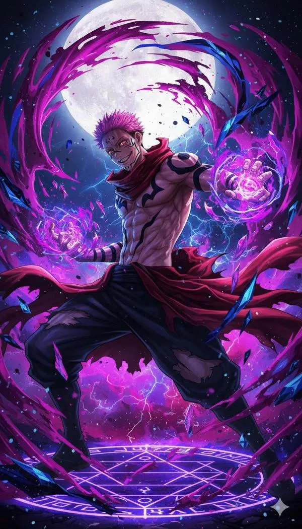Hình nền điện thoại Sukuna triển khai chú lực xoáy tím, không khí như kéo vào lãnh địa u tối
