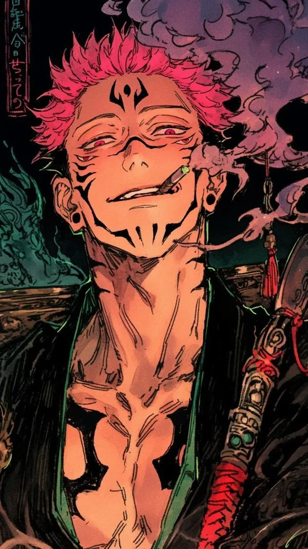 Ảnh bìa Sukuna cười nhạt, vằn xăm đậm trên mặt và ngực, nền khói tối dày đặc