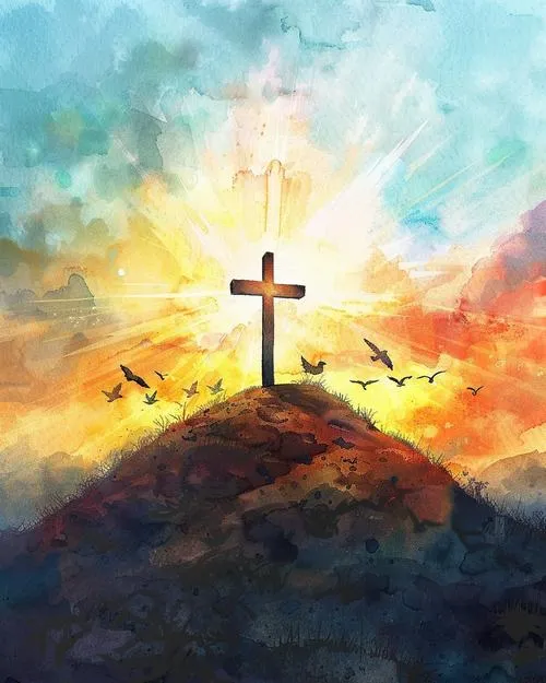 Thánh giá Kitô giáo hòa bóng đổ với nền trời trong khoảnh khắc thinh lặng