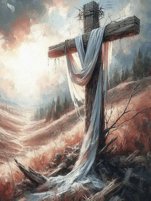 Khăn trải bàn thờ ôm thánh giá và chuỗi hạt giữa không gian