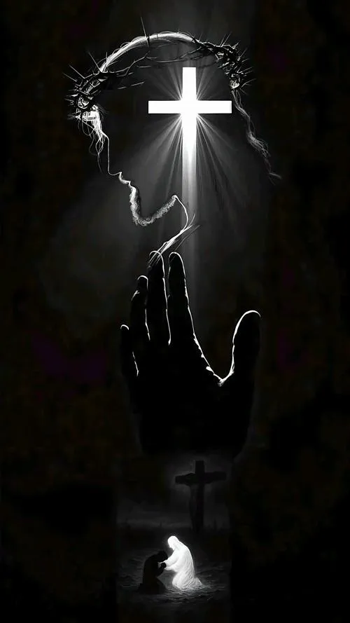 Góc chụp từ thấp lên tôn thánh giá trên nền sương mờ