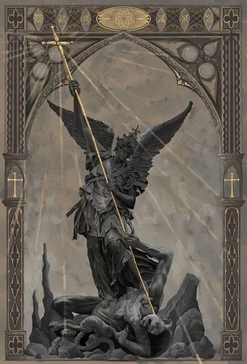 Hào quang vàng nâng thần thái thiên thần giữa bầu trời trong