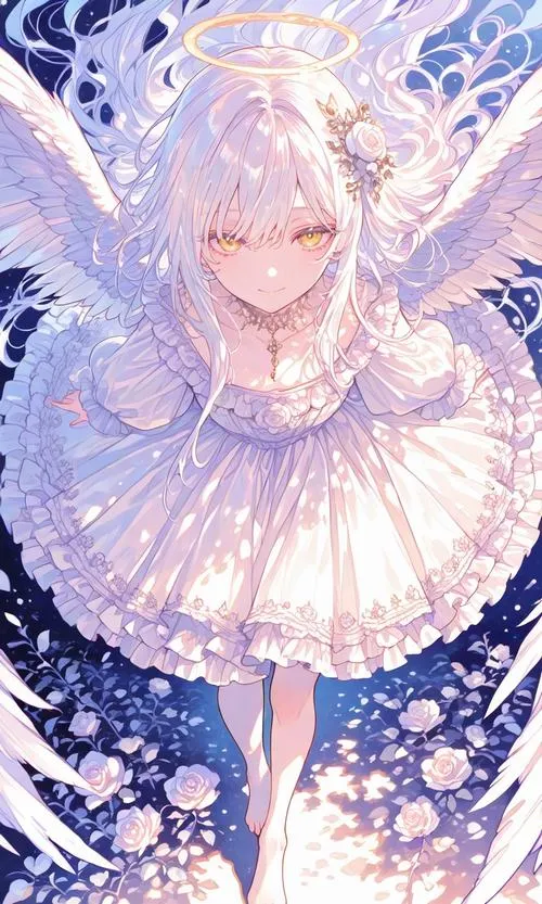 Hoàng hôn hình thiên thần dễ thương anime mỉm cười dưới hào quang dịu