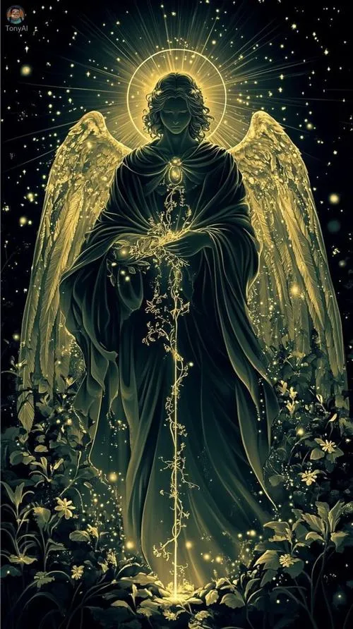 Bụi sáng bay quanh hào quang vàng kim trong khung cảnh huyền ảo