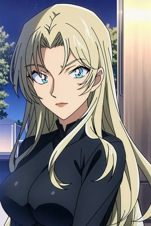 Hình ảnh Vermouth bản nhiệm vụ, ánh sáng tương phản cao, dáng đứng tự tin và sắc sảo