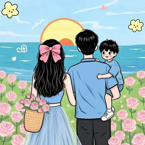 Gia đình ba người đứng giữa hoa cúc, tông vàng cam, nét chibi dễ thương và rạng rỡ